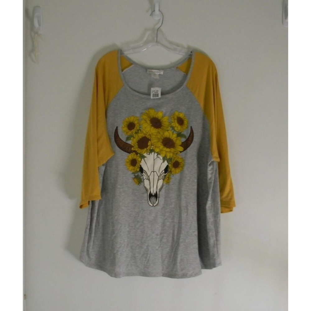 Stitchwurks Fall Sunflower Tee Baseball Sleeves Mustard Yellow Sz 2X NWOT